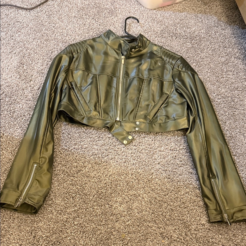 PrettyLittleThing Olive Leather Cropped Jacket